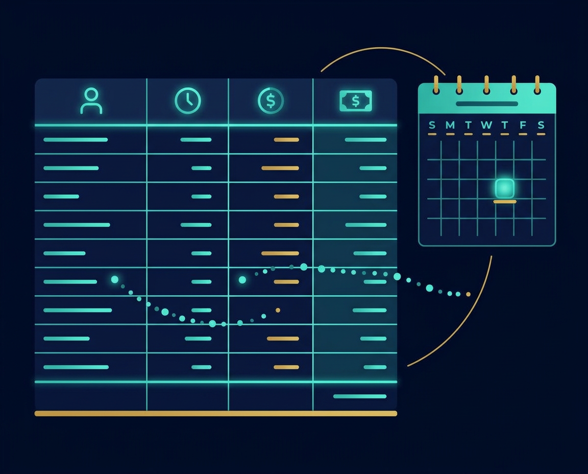 Editorial illustration of a payroll register beside a calendar with a highlighted payday on a deep navy background