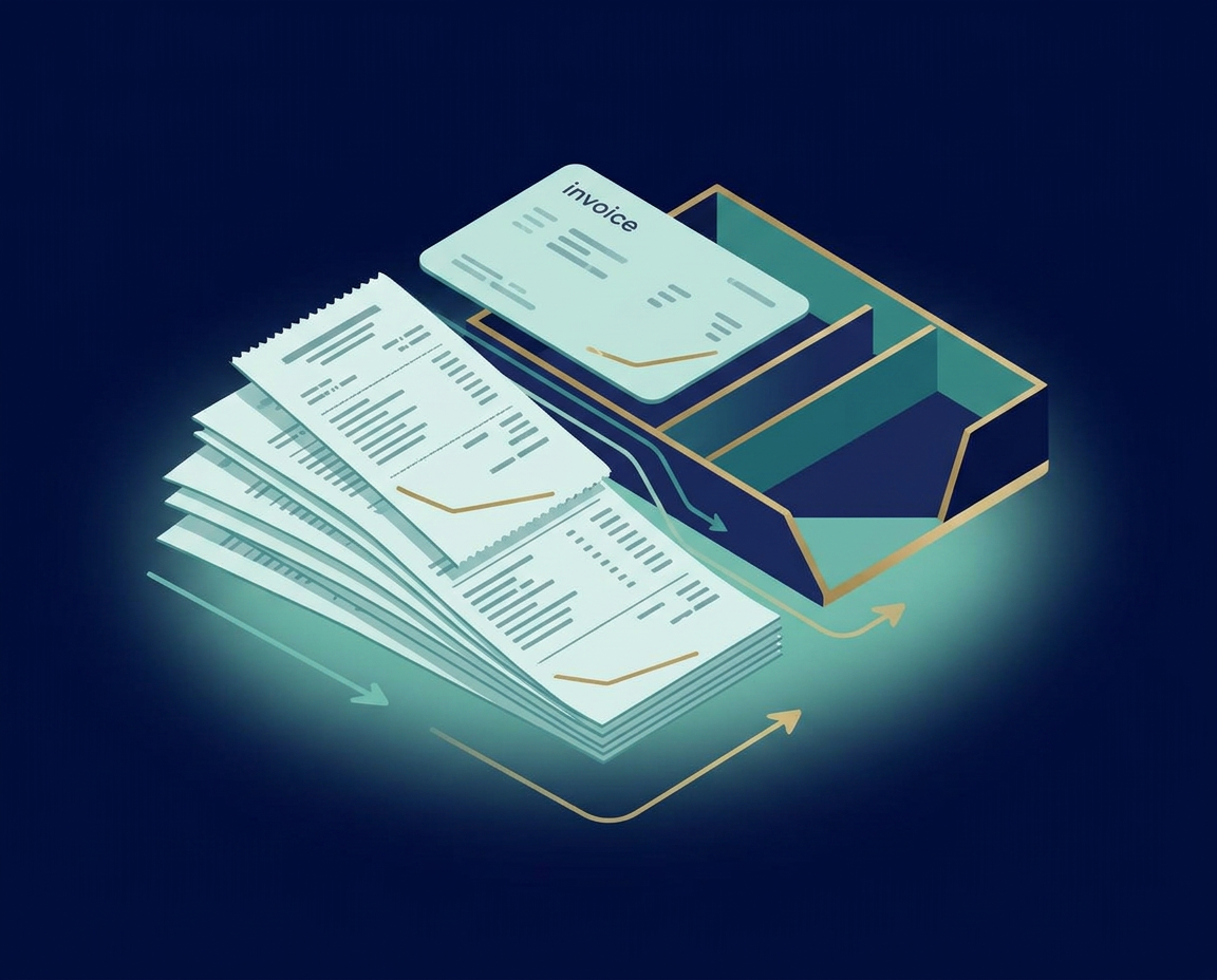 Editorial illustration of organized expense receipts and an invoice card flowing into a tray on a deep navy background